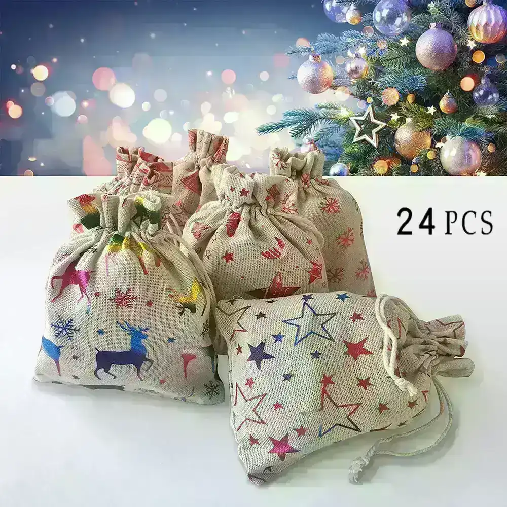 24 Pcs Christmas Gift Bags Metallic Painting with Drawstring Gift Pouches