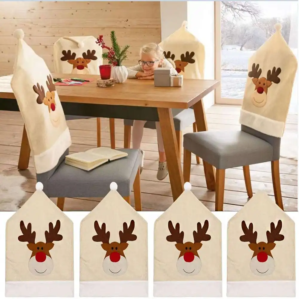4pcs Christmas Hat Chair Cover Xmas Elk Dining Chair Covers Christmas Home Decor