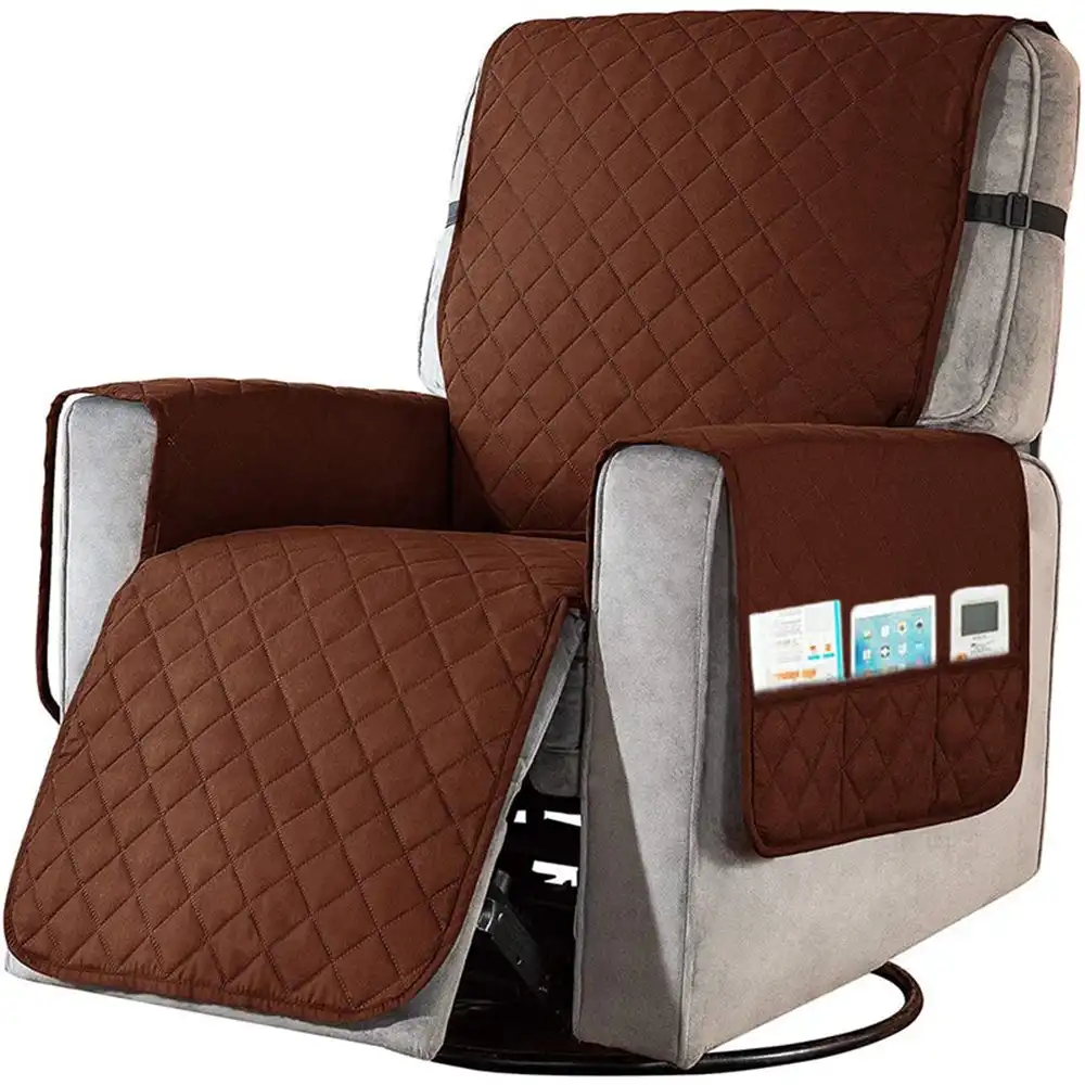 Recliner Chair Cover Sofa Slipcover with Non Slip Strap Couch Protector with Side Pocket-Brown