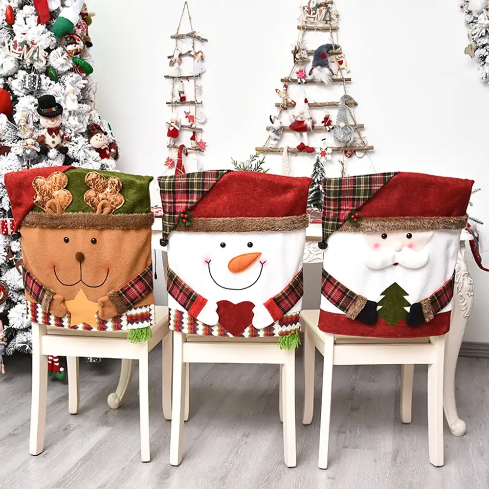 3Pcs Christmas Chair Back Stretch Cover Santa Clause Holiday Decor Chair Covers