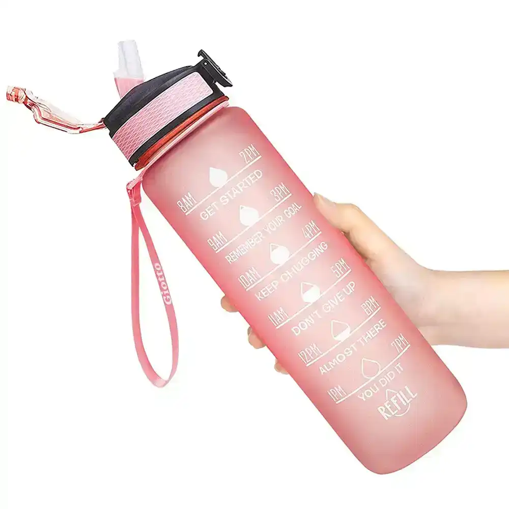 1L Water Bottle Motivational Drink Flask with Time Markings BPA Free Sport Gym