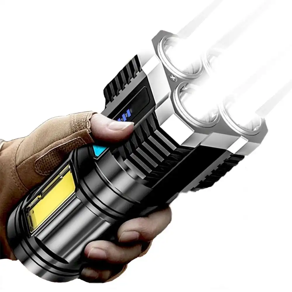4 Core Super Bright Rechargeable Flashlight Spotlight Battery Display COB Light
