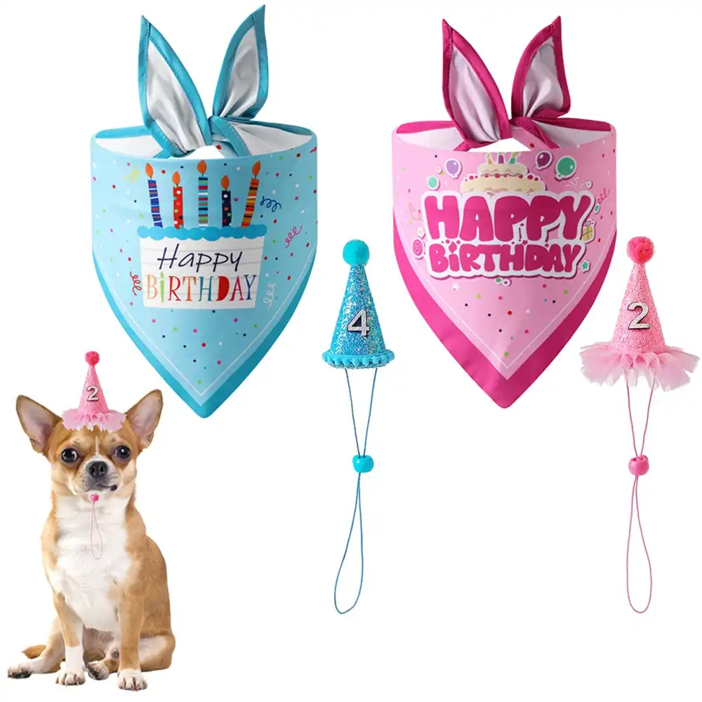 2 Piece Set Dog Birthday Bandana Hat Set Happy Birthday Triangle Scarf for Dog