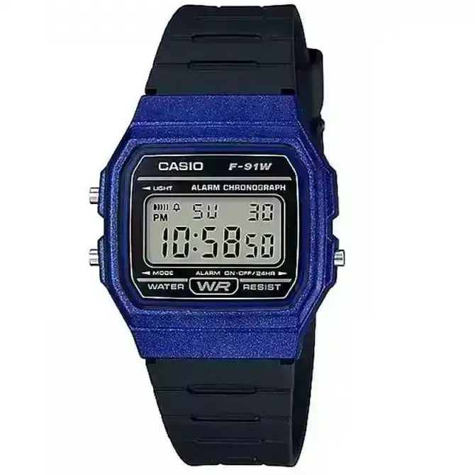 Casio F-91WM-2 Black Blue Classic Retro Alarm Stopwatch Digital Unisex Watch