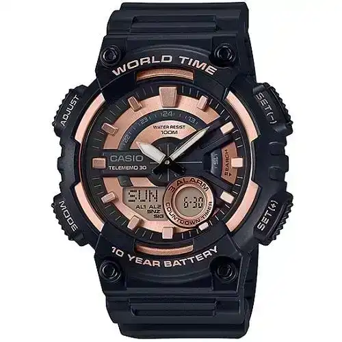 Casio AEQ-110W-1A3V Black Rose Gold Quartz Analog Digital Mens Watch
