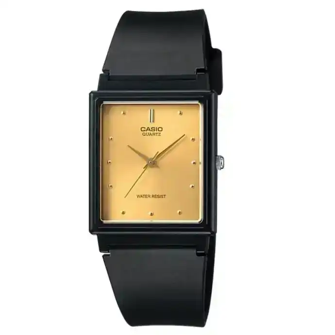Casio MQ-38-9 Black with Gold Face Basic 3-Hand Unisex Quartz Analog Watch