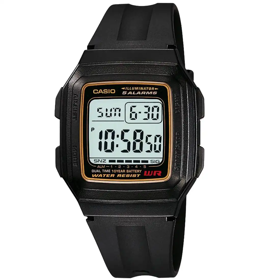 Casio F-201WA-9A Black Gold Illuminator Dual Time Multi-function Digital Watch