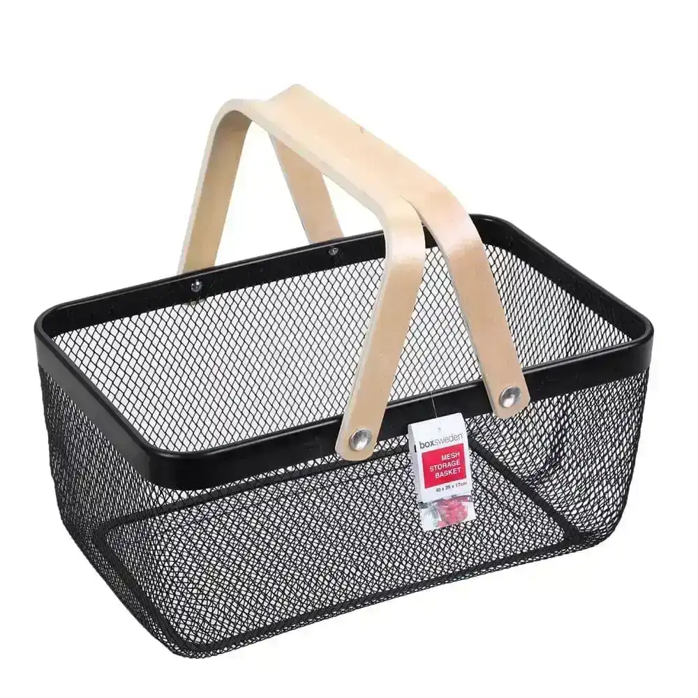 Box Sweden Mesh Storage Basket 40x25x17cm W/Wooden Handle - Red, White Or Black