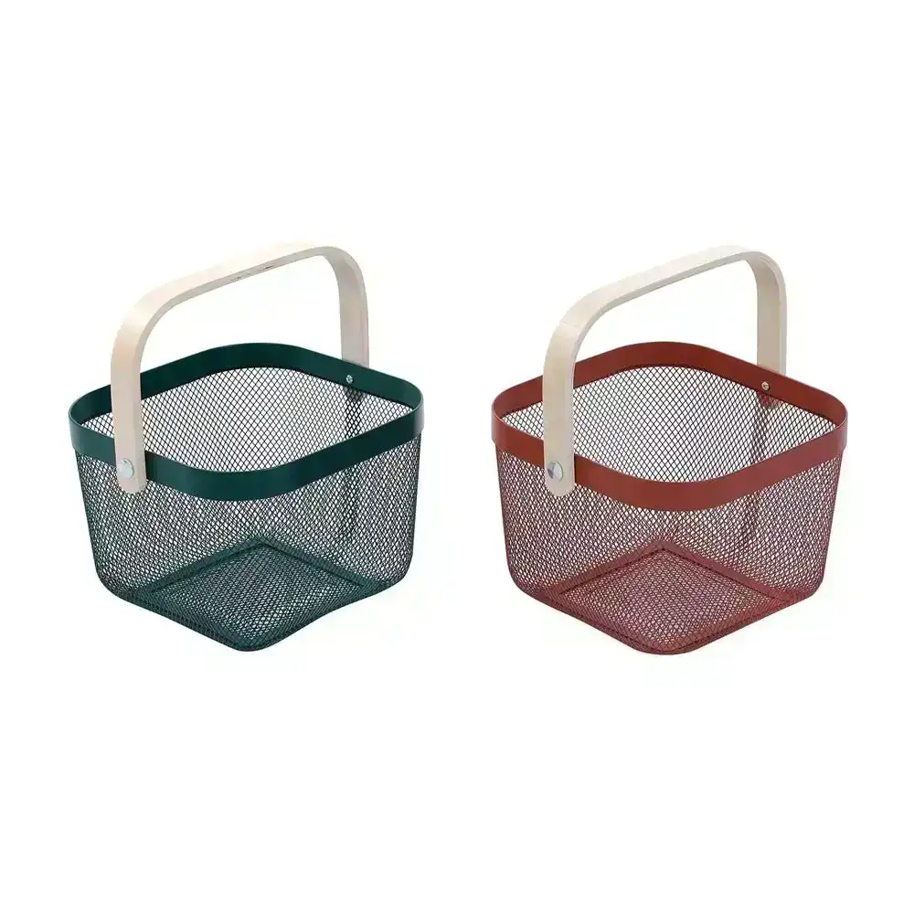 Box Sweden Mesh Storage Basket 25x25x17cm Birch Wood Handle - Red Or Green