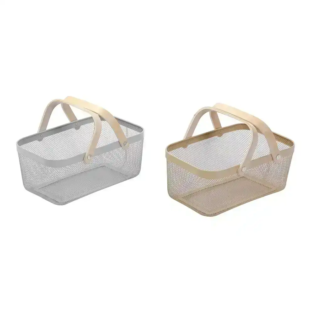 Box Sweden Mesh Storage Basket 40x25x17cm Birch Wood Handle - Gold Or Silver