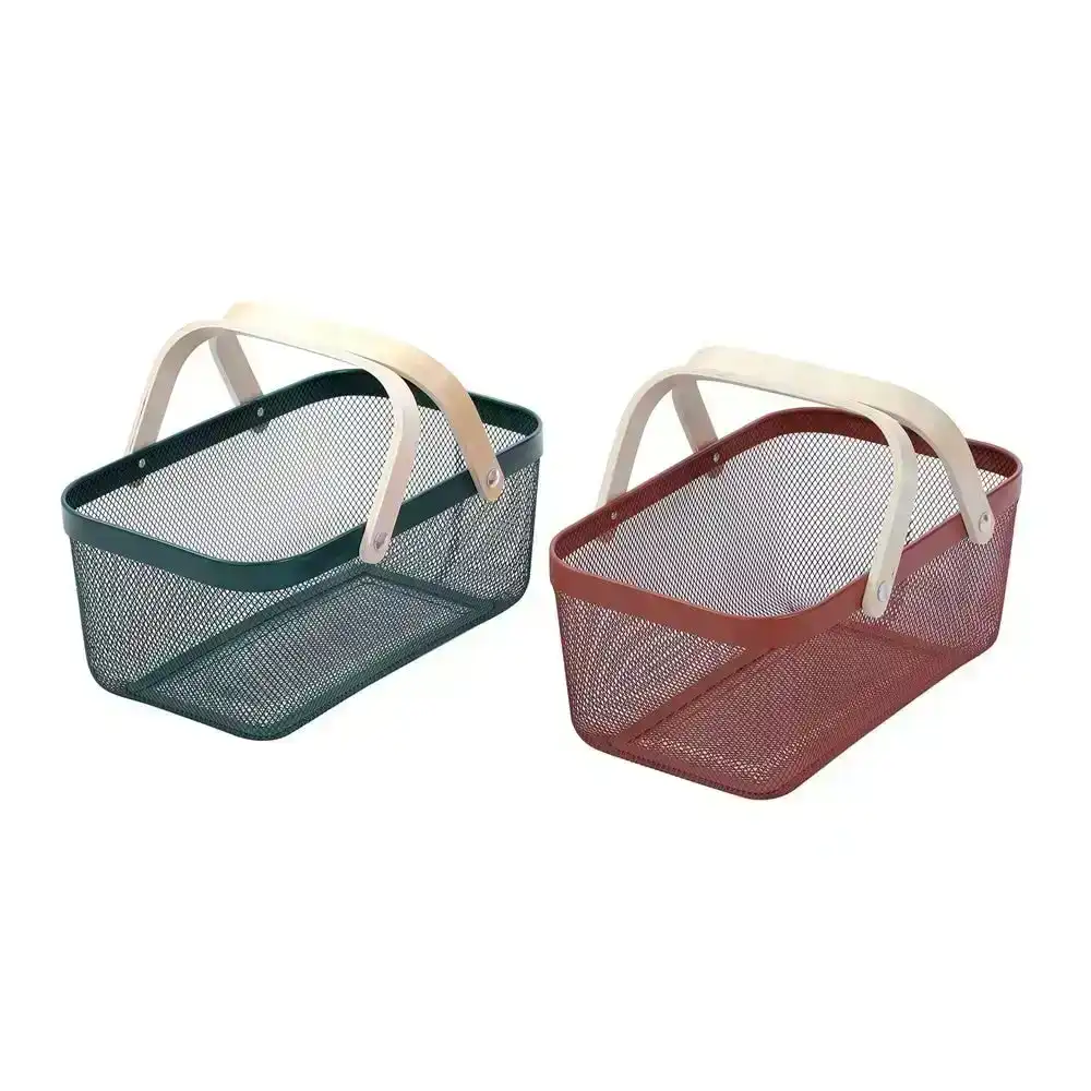 Box Sweden Mesh Storage Basket 40x25x17cm Birch Wood Handle - Red Or Green