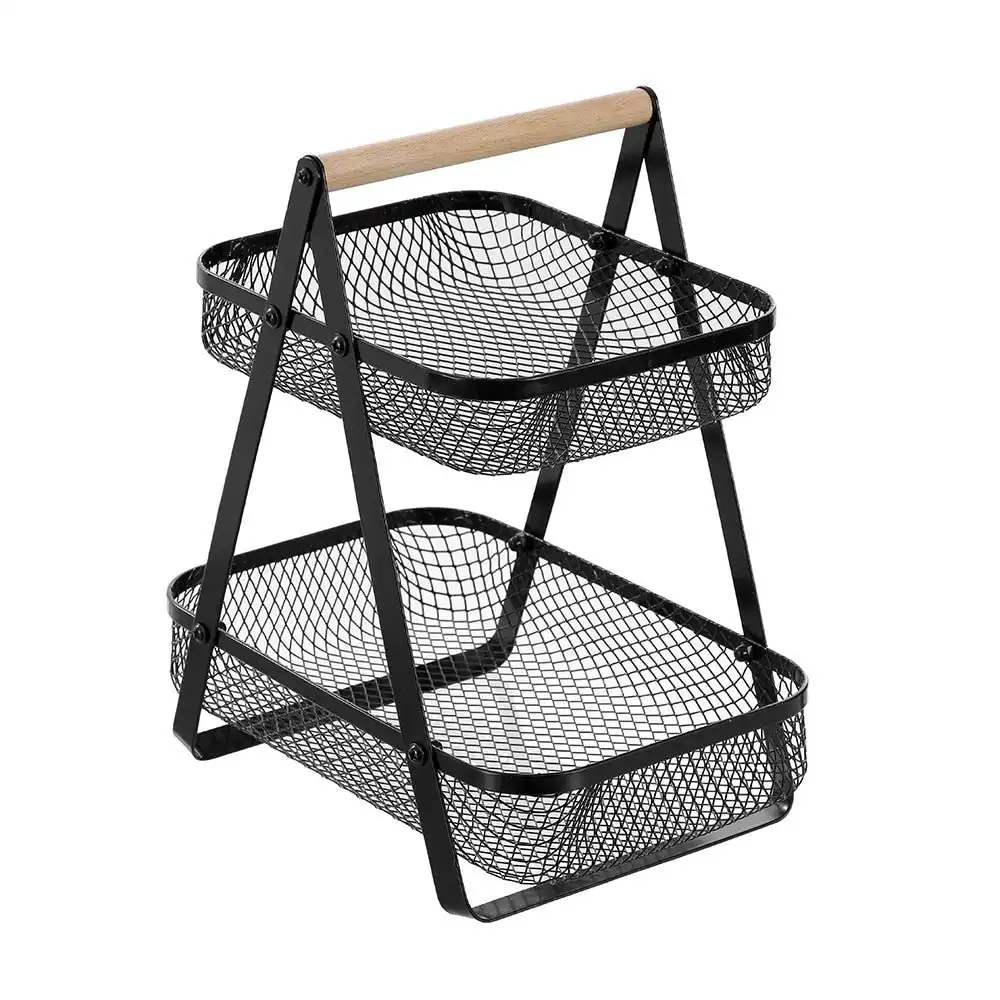 Box Sweden Mesh 2 Tier Bench Top Basket Stand Wood Handle 27x17x29cm Black