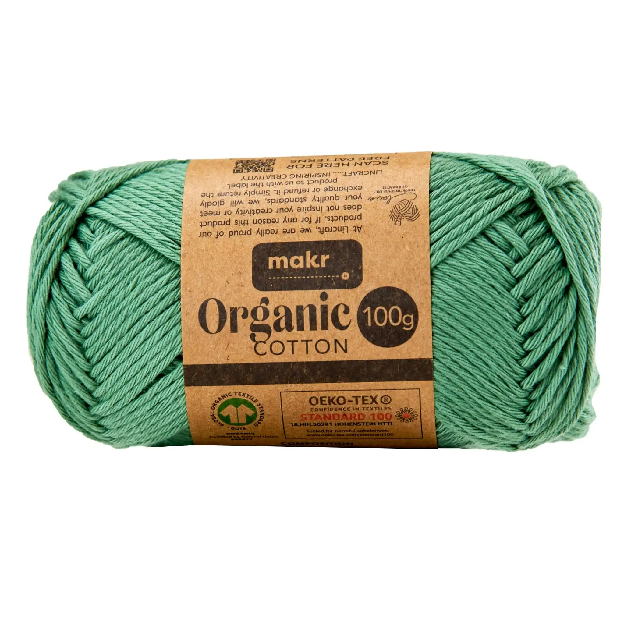 Makr Organic Cotton Crochet & Knitting Yarn, Hedge Green- 100g Cotton Yarn
