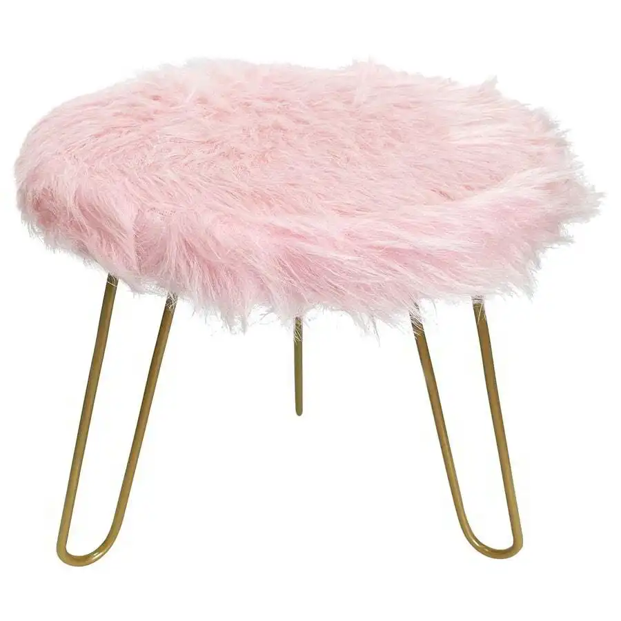 Pink Faux Fur 3-Golden Legged Stool