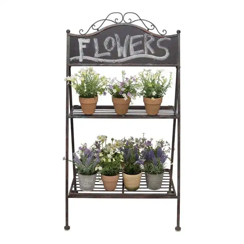 Willow & Silk Metal 110cm Brown 2-Shelf Garden Plant Stand w/ Chalkboard