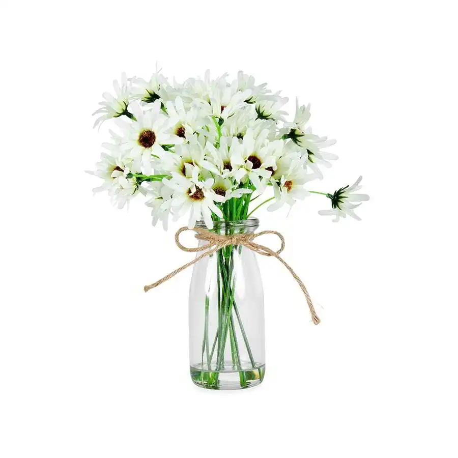 Willow & Silk Artificial 25cm White Chrysanthemum Flower In Glass Vase/Pot