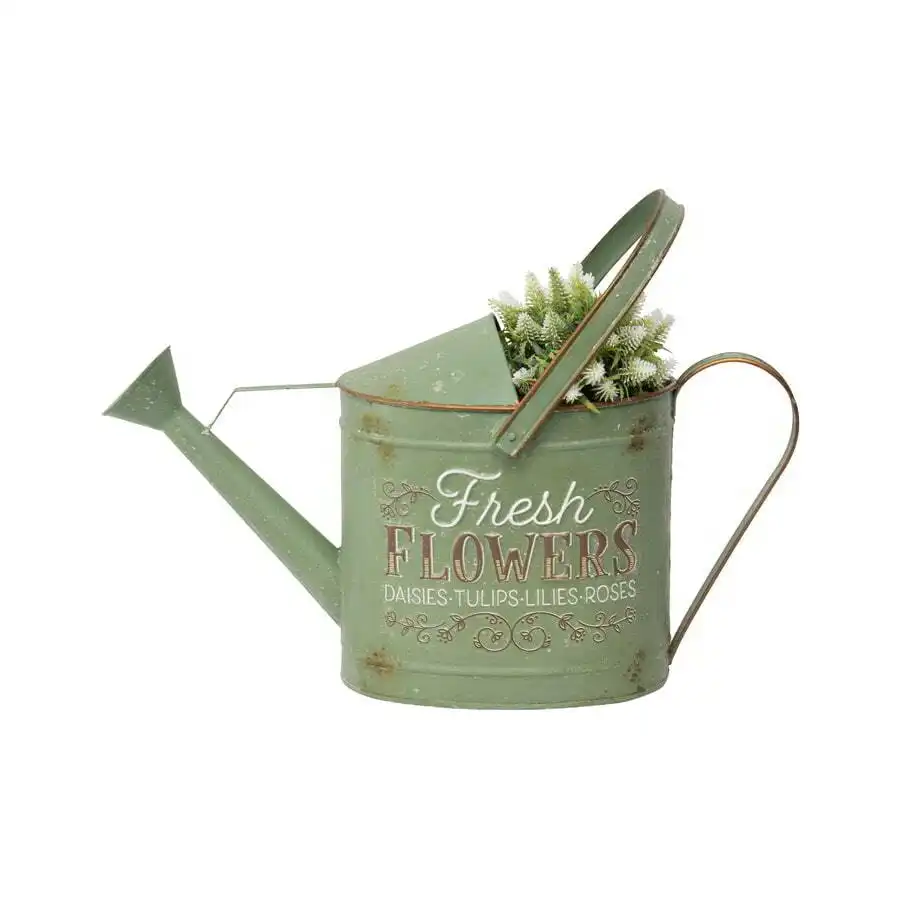 Rustic 'Fresh Flowers' Watering Can - Distressed Green