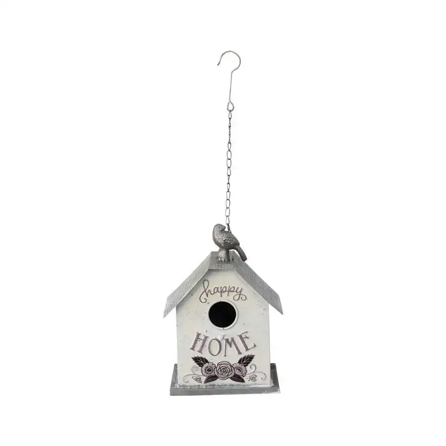 Metal 'Happy Home' Hanging Birdhouse - White/Grey