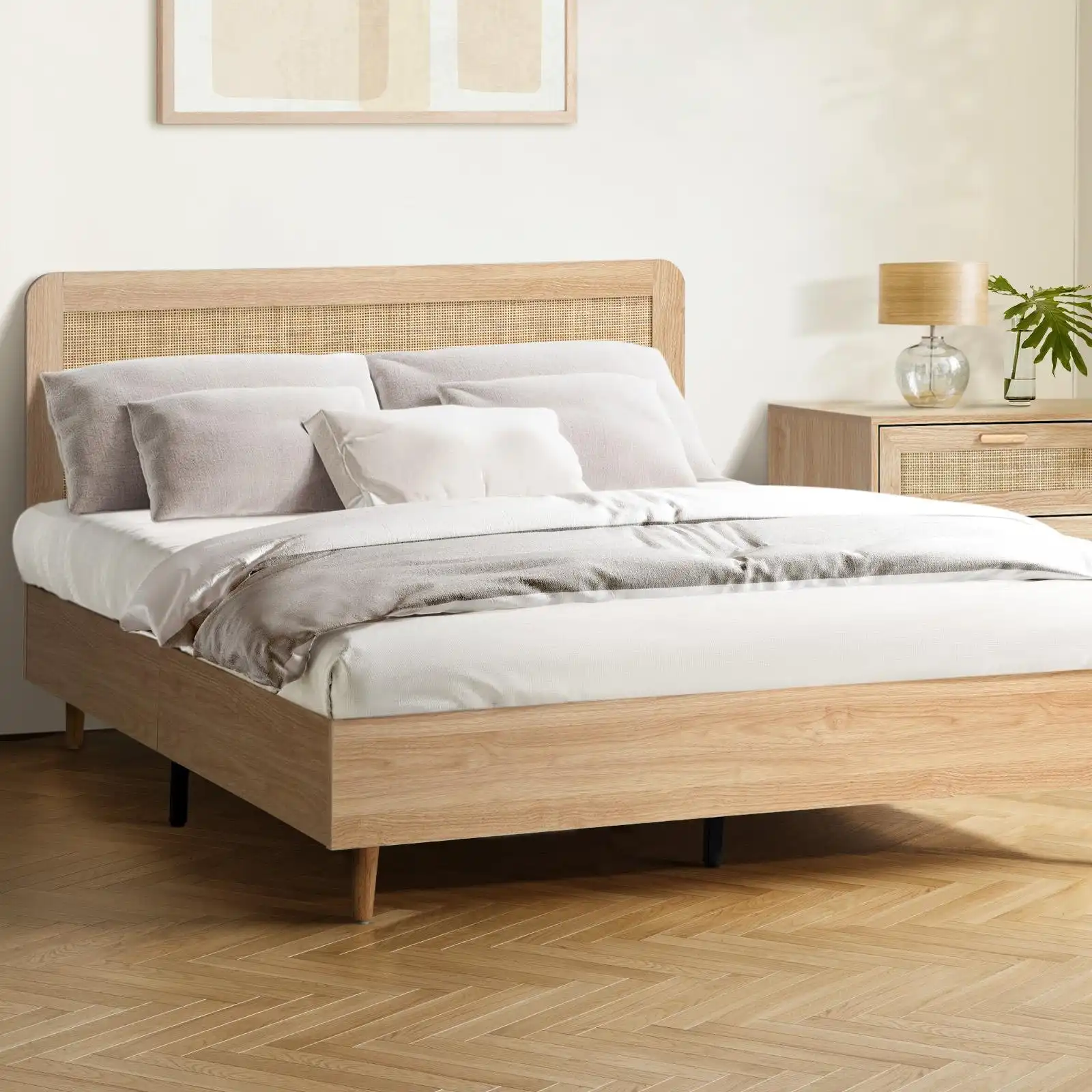 Oikiture Bed Frame Double Size Wooden Bed Platform Genuine Rattan