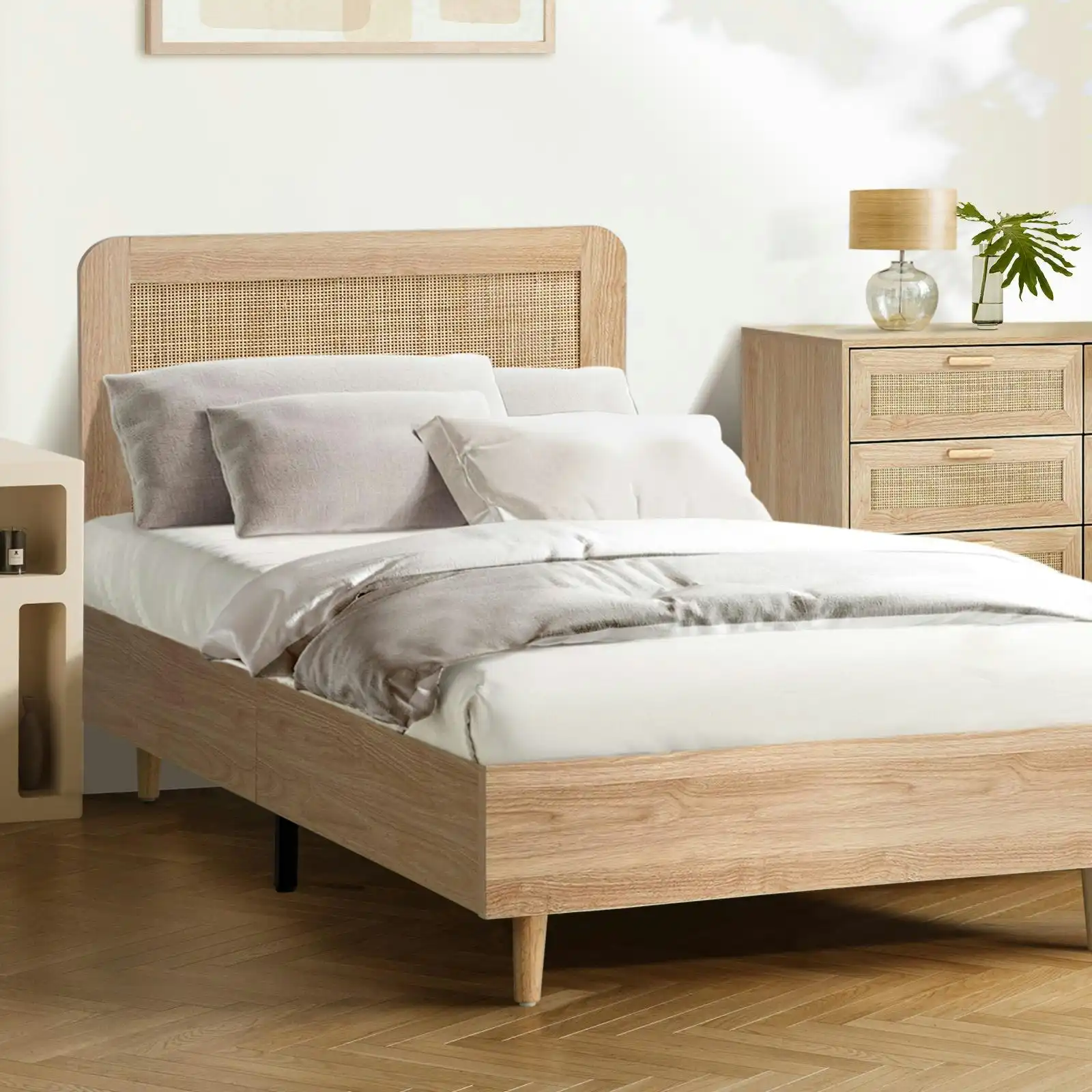 Oikiture Bed Frame King Single Size Wooden Bed Platform Genuine Rattan