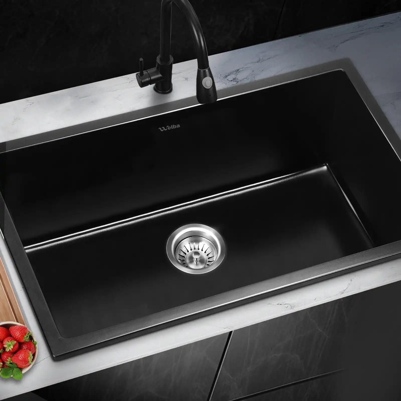 Welba Kitchen Sink 70x45cm Granite Stone Sink Laundry Basin Single Bowl Black