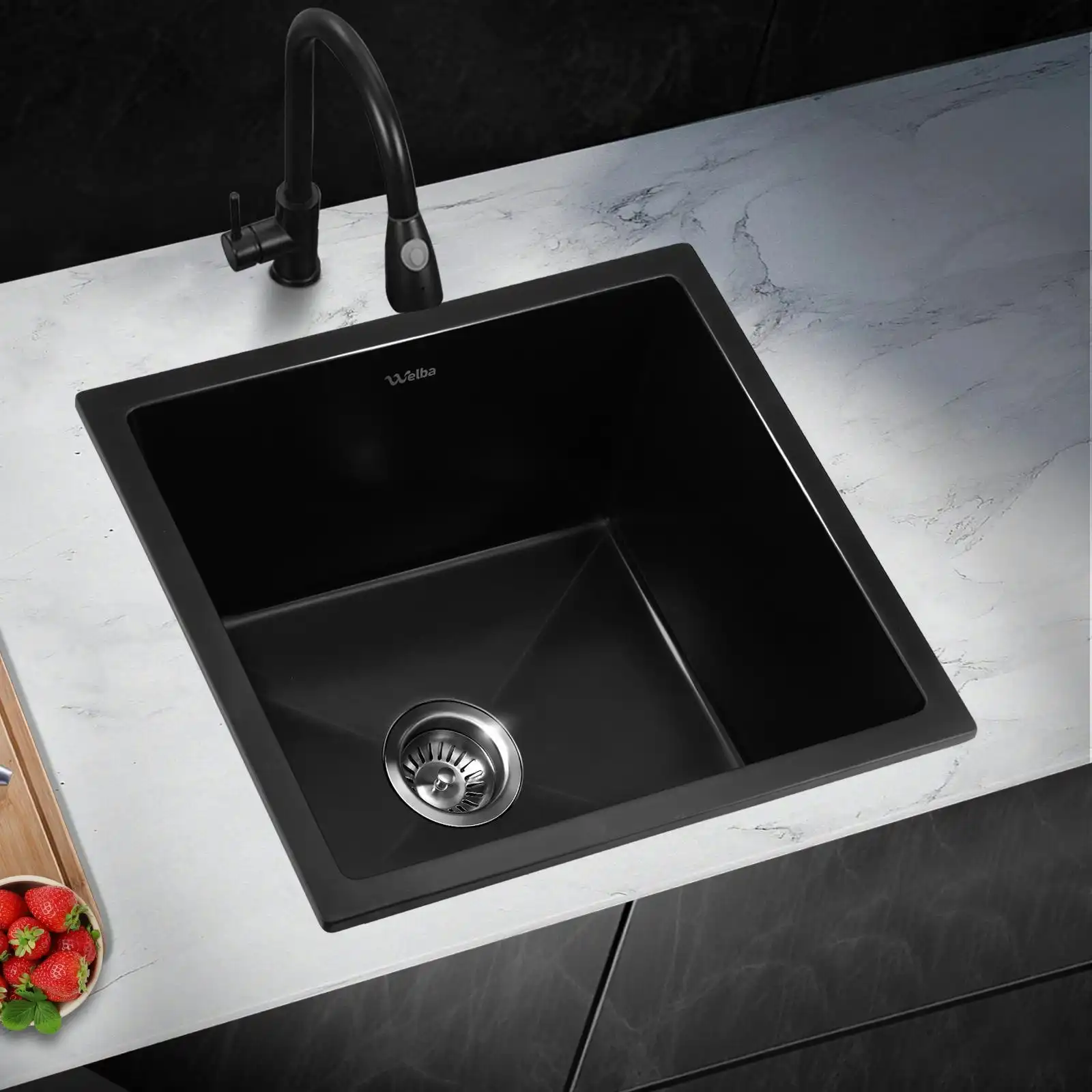 Welba Kitchen Sink 38x38cm Granite Stone Sink Laundry Basin Single Bowl Black