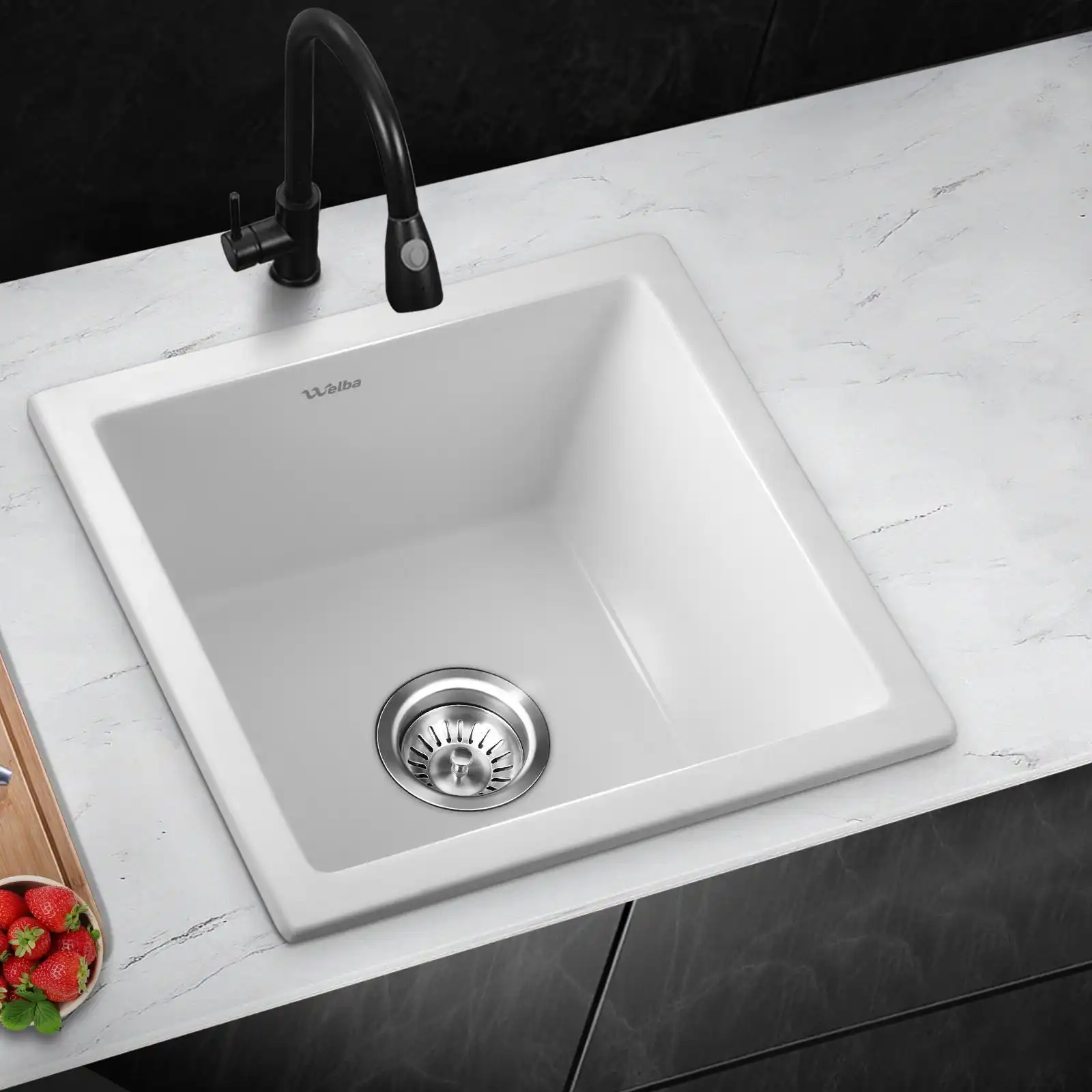 Welba Kitchen Sink 38x38cm Granite Stone Sink Laundry Basin Single Bowl White