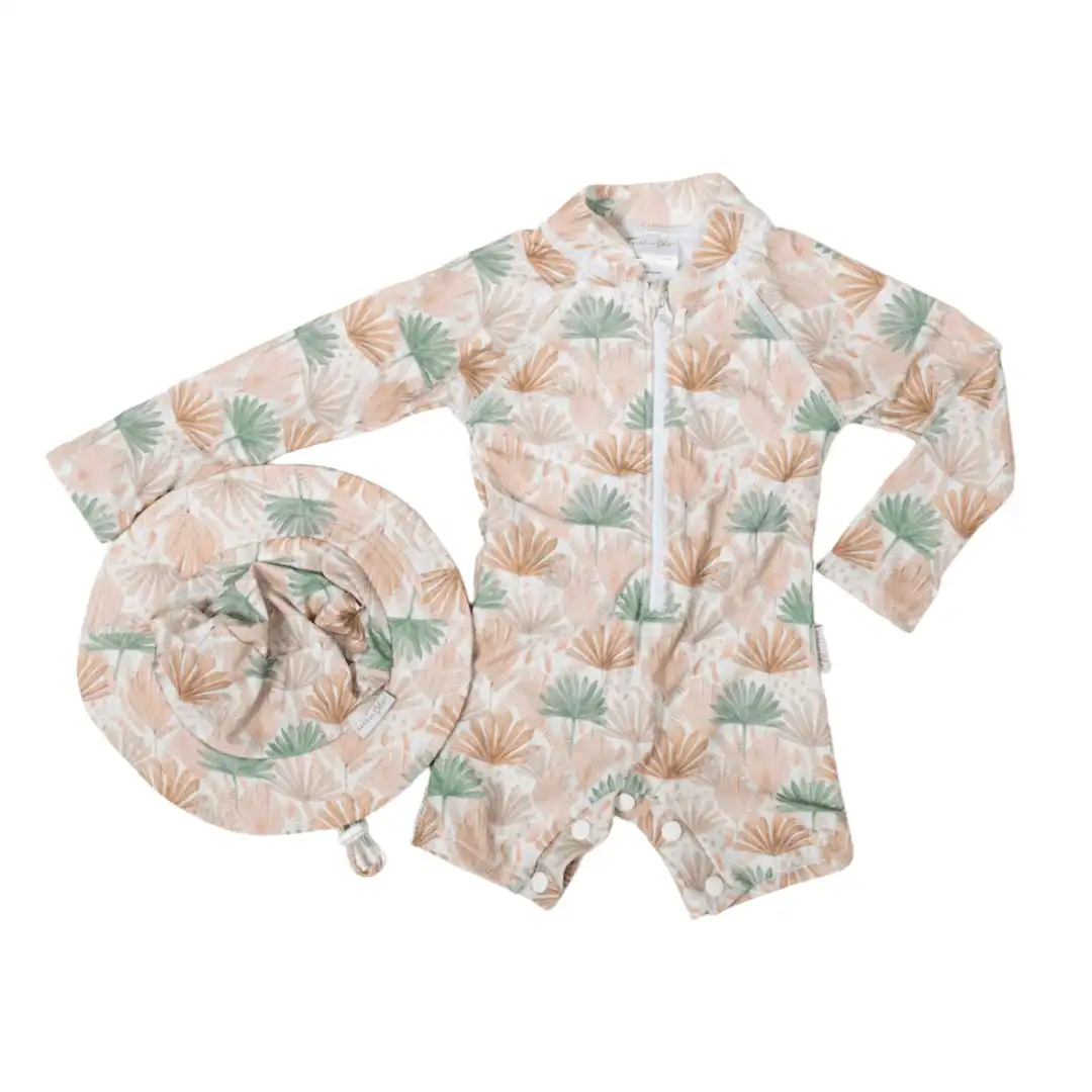 Bare and Boho Protective Swim Onesie and Bucket Hat Small Pastel Fronds
