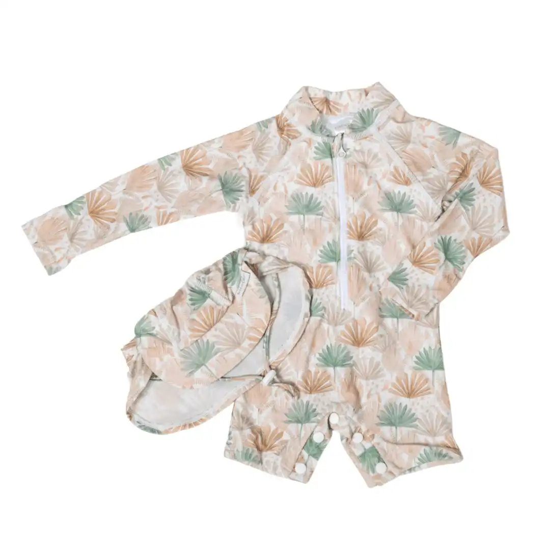 Bare and Boho Protective Swim Onesie and Flap Hat Small Pastel Fronds
