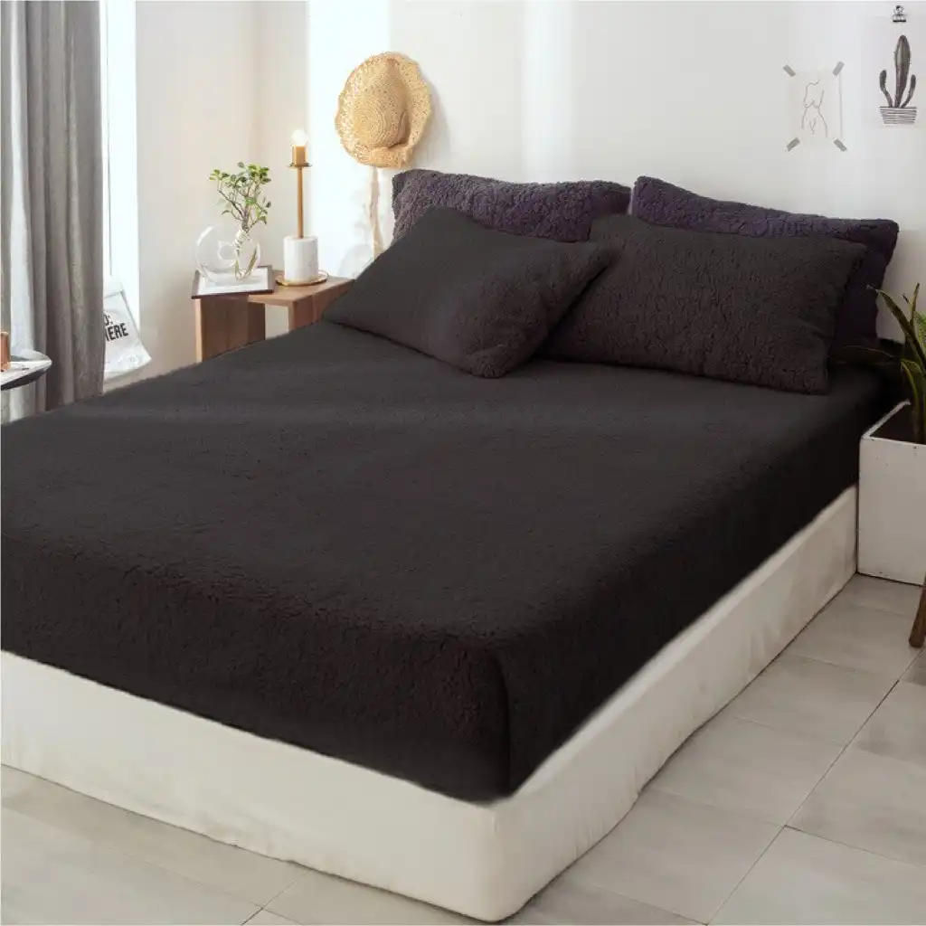 Luxor Black Teddy Bear Fleece Fitted Sheet + Pillowcase Set( No Flat Sheet)