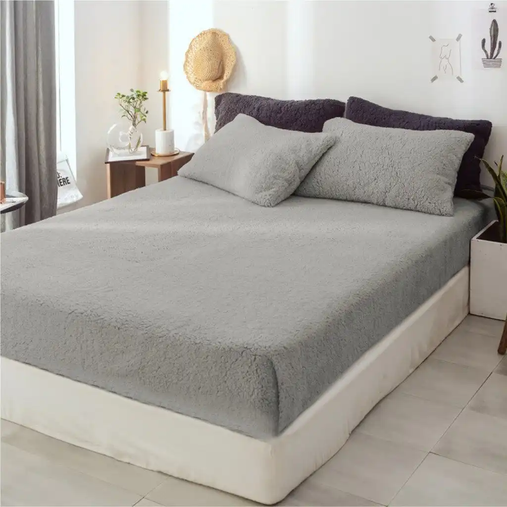Luxor Grey Teddy Bear Fleece Fitted Sheet + Pillowcase Set( No Flat Sheet)