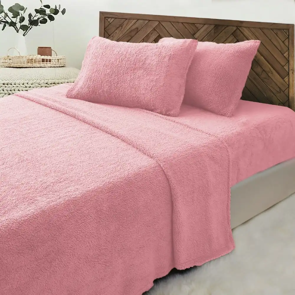 Luxor Blush Teddy Bear Fleece Fitted Flat Sheet + Pillowcase Set