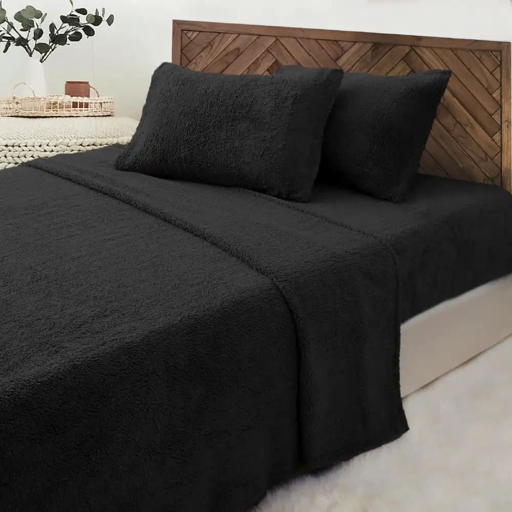 Luxor Black Teddy Bear Fleece Fitted Flat Sheet + Pillowcase Set