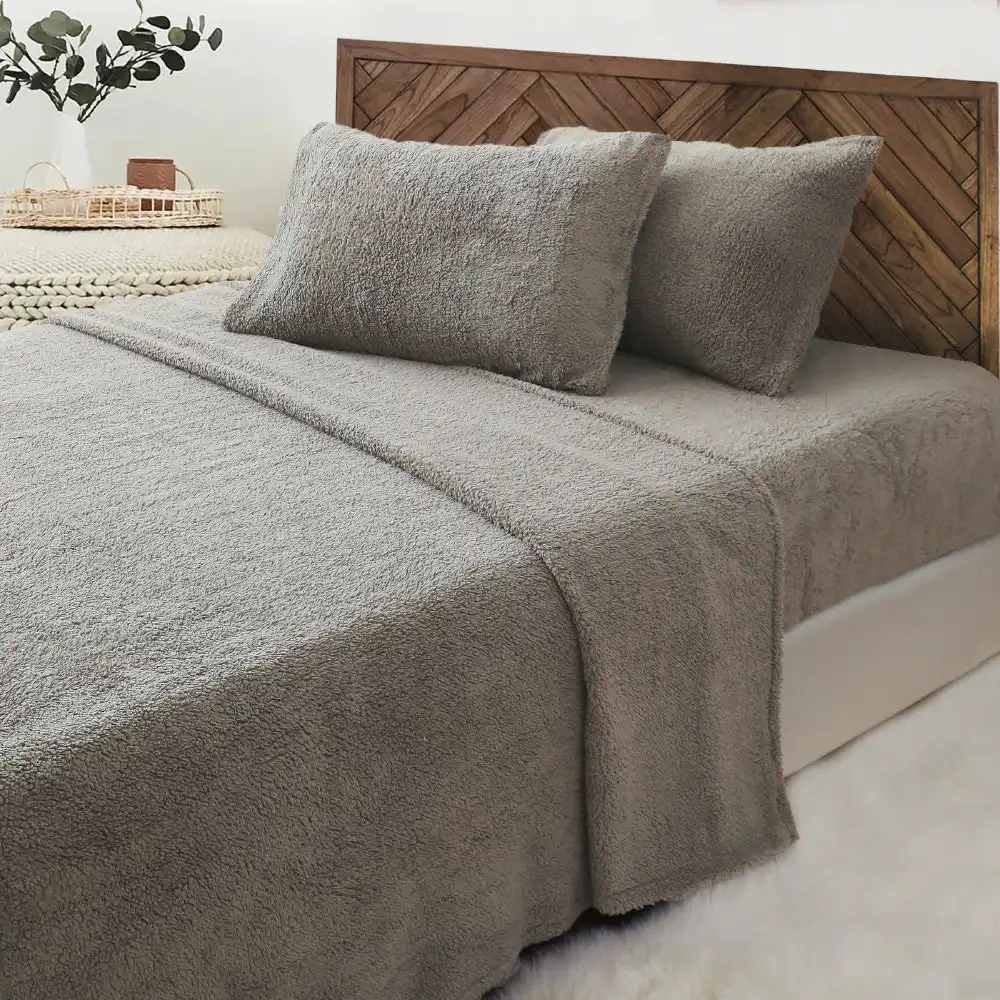 Luxor Grey Teddy Bear Fleece Fitted Flat Sheet + Pillowcase Set