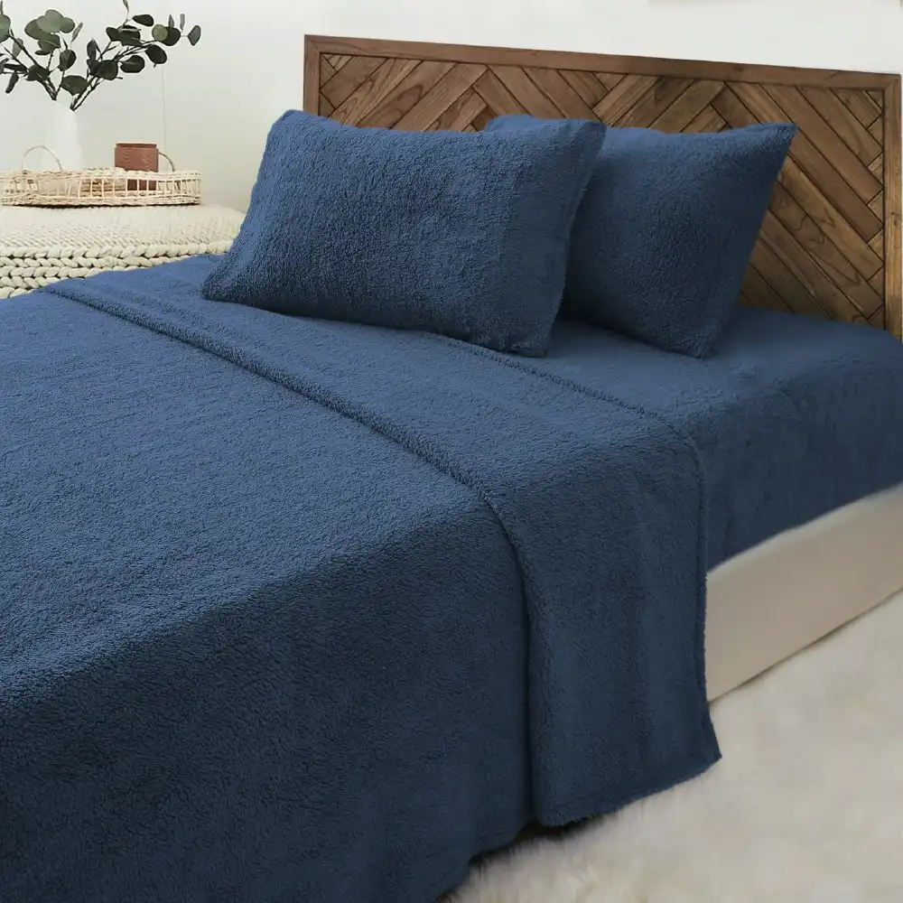 Luxor Ocean Teddy Bear Fleece Fitted Flat Sheet + Pillowcase Set
