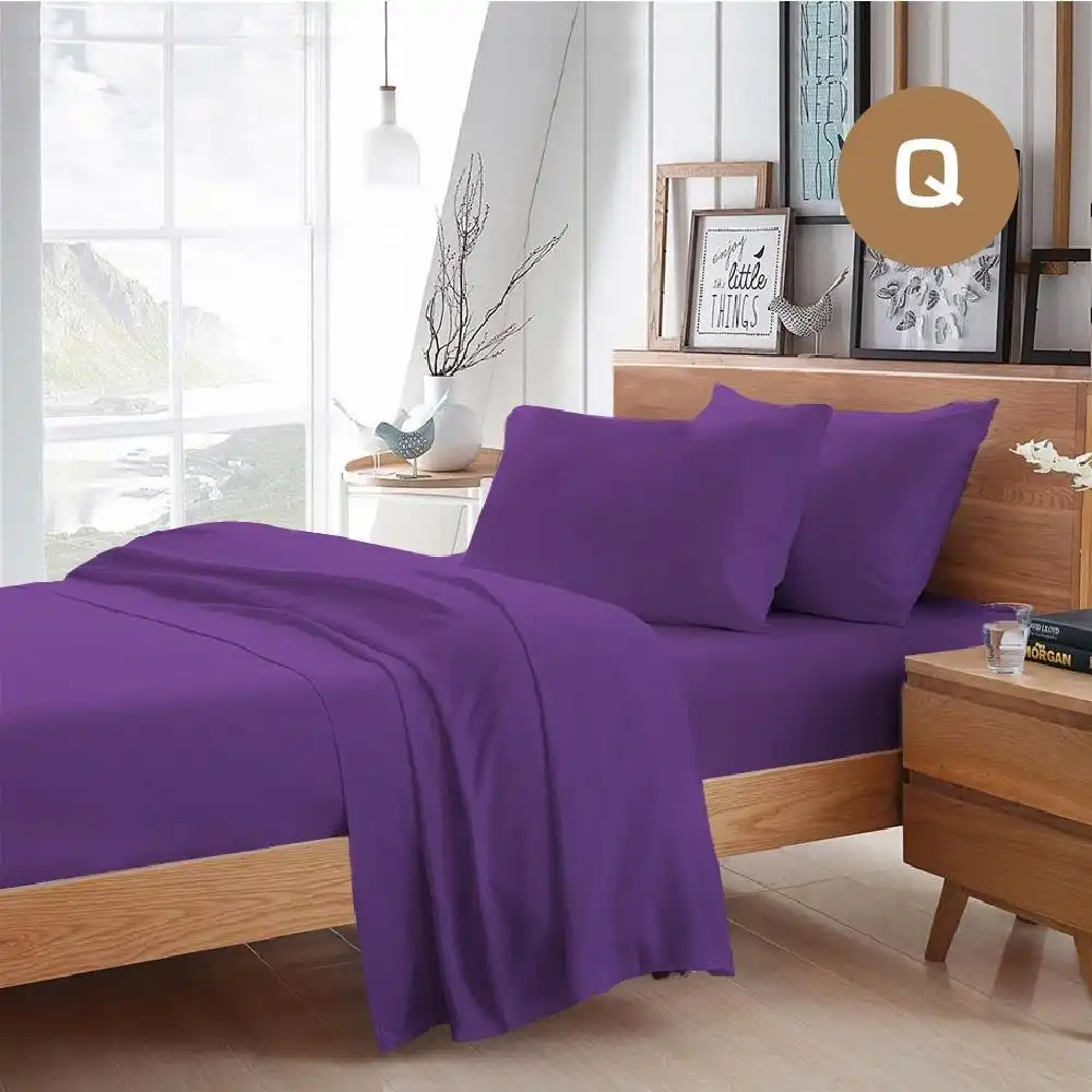Queen Size Purple Color Poly Cotton Fitted Sheet Flat Sheet Pillowcase Sheet Set