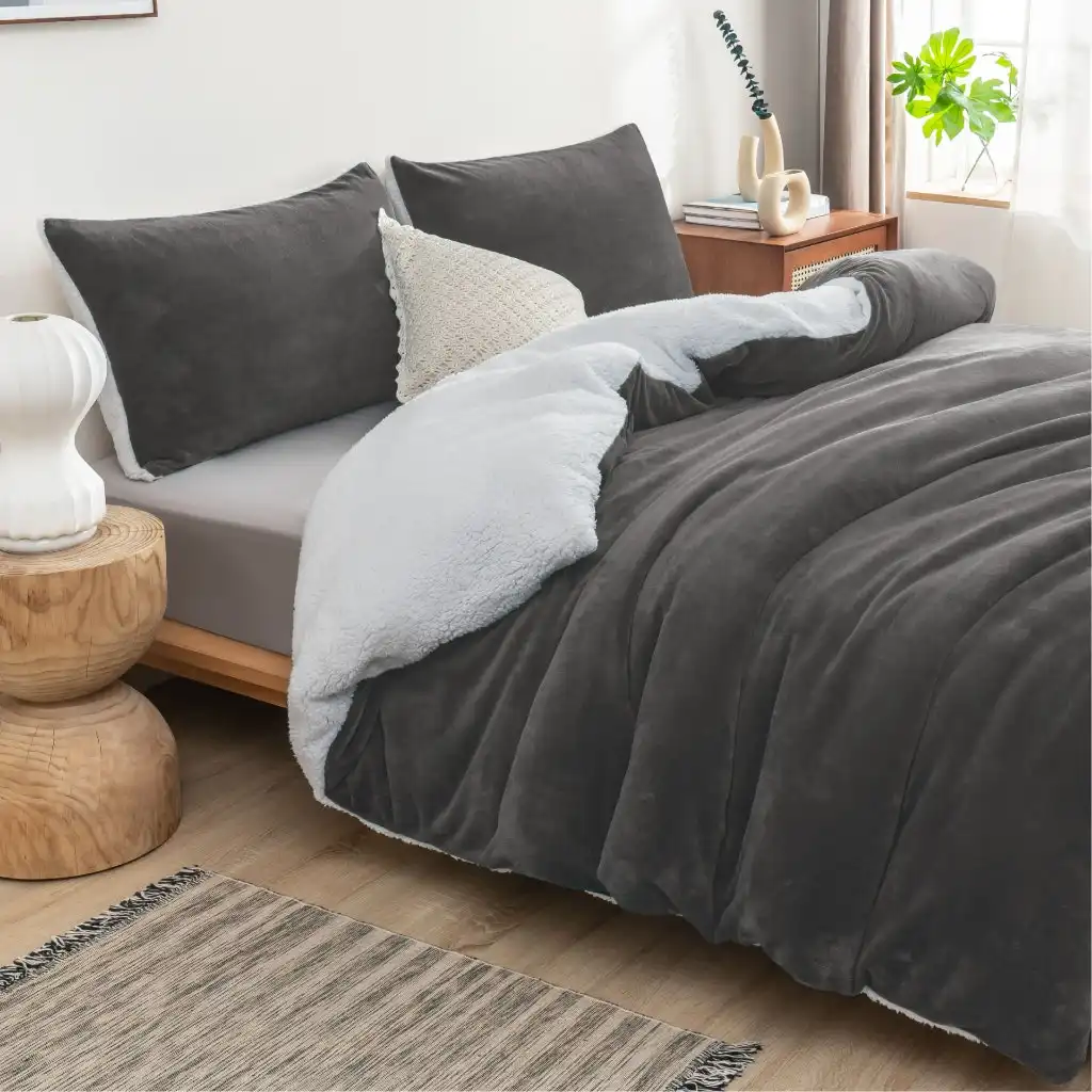 Luxor 2 in 1 Teddy Fleece Sherpa Duvet Cover Set and Blanket Charcoal
