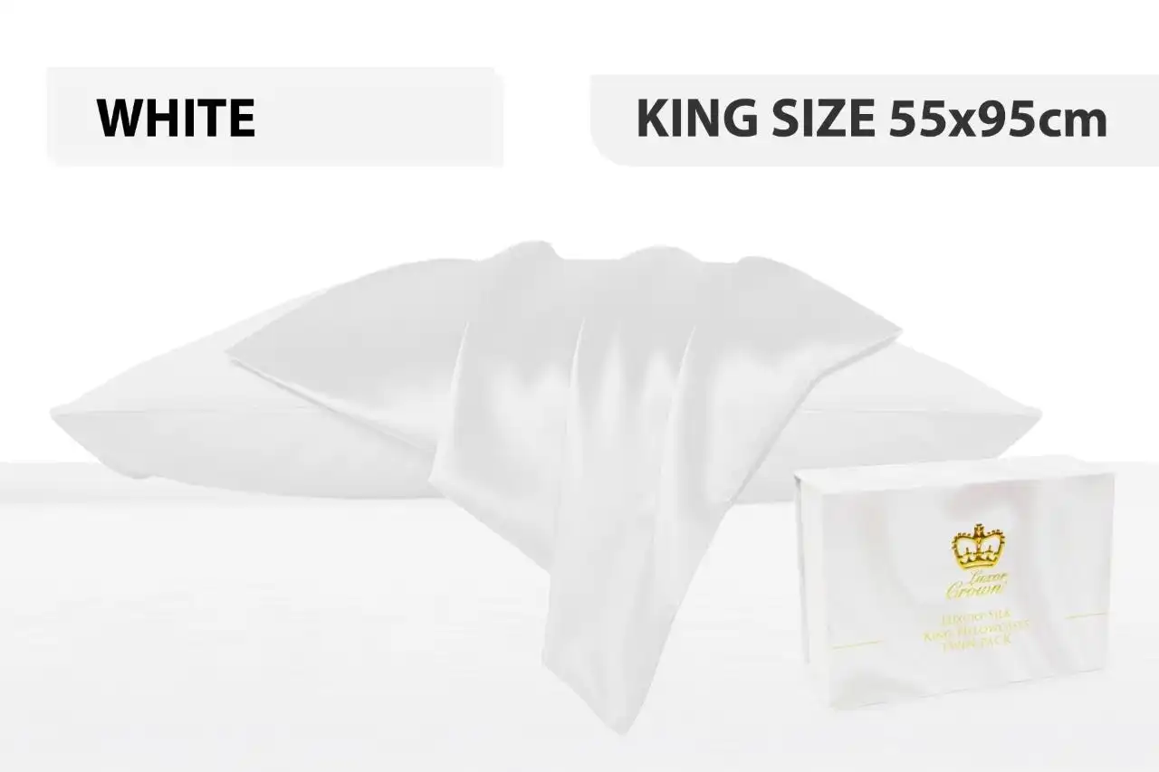 Luxor Crown Set of 2 King Size Mulberry Silk Pillowcases 55cm x 95cm WHITE