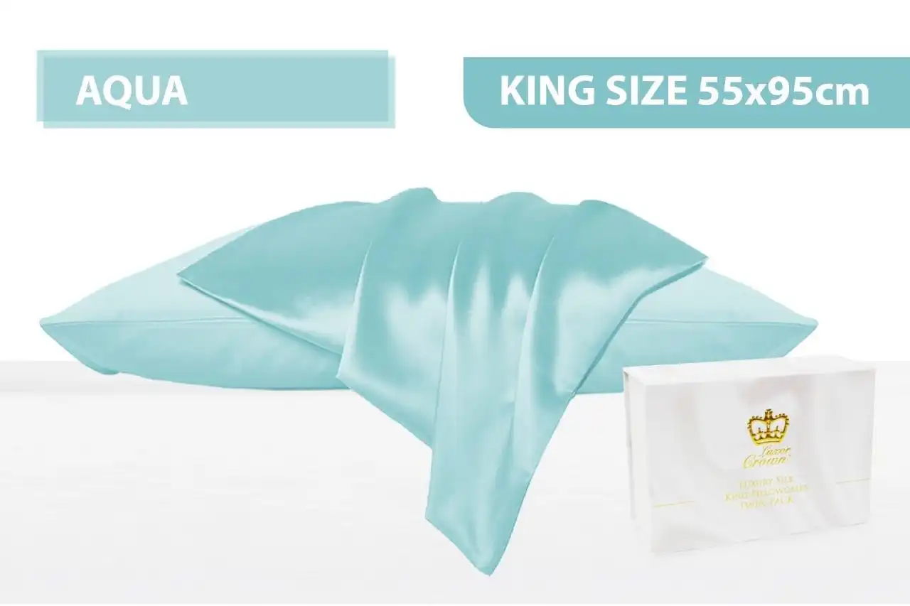 Luxor Crown Set of 2 King Size Mulberry Silk Pillowcases 55cm x 95cm AQUA