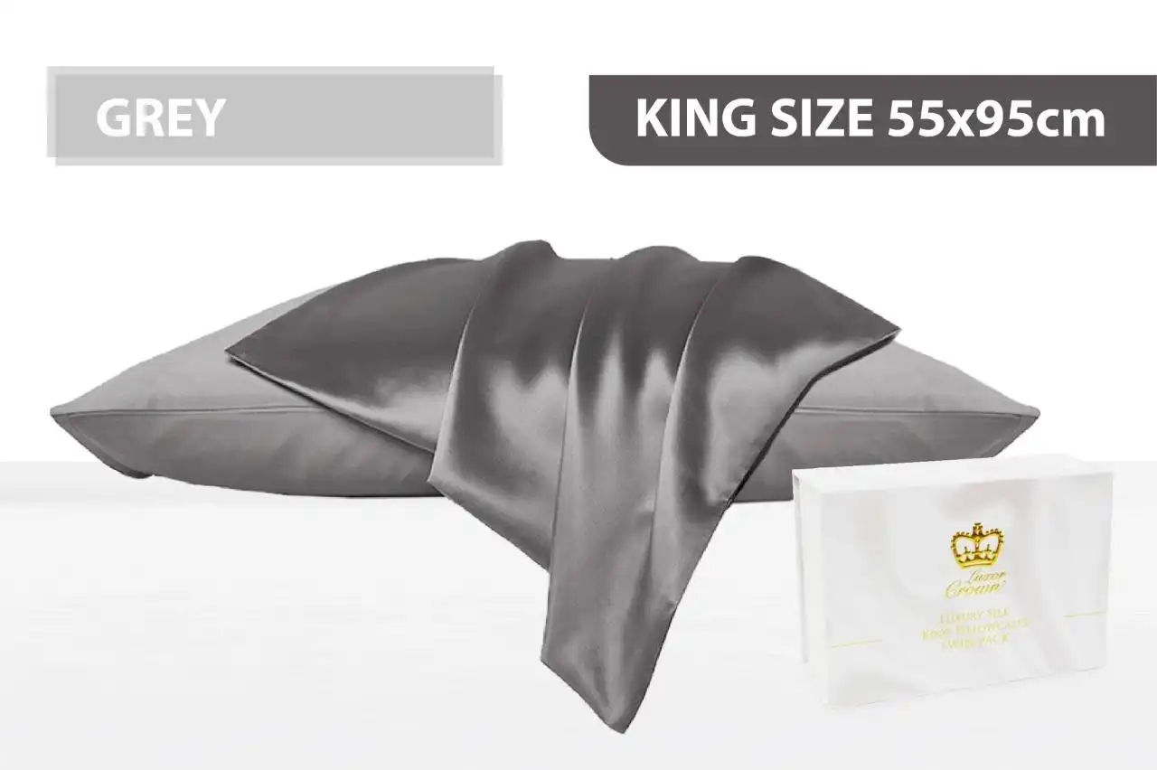 Luxor Crown Set of 2 King Size Mulberry Silk Pillowcases 55cm x 95cm GREY