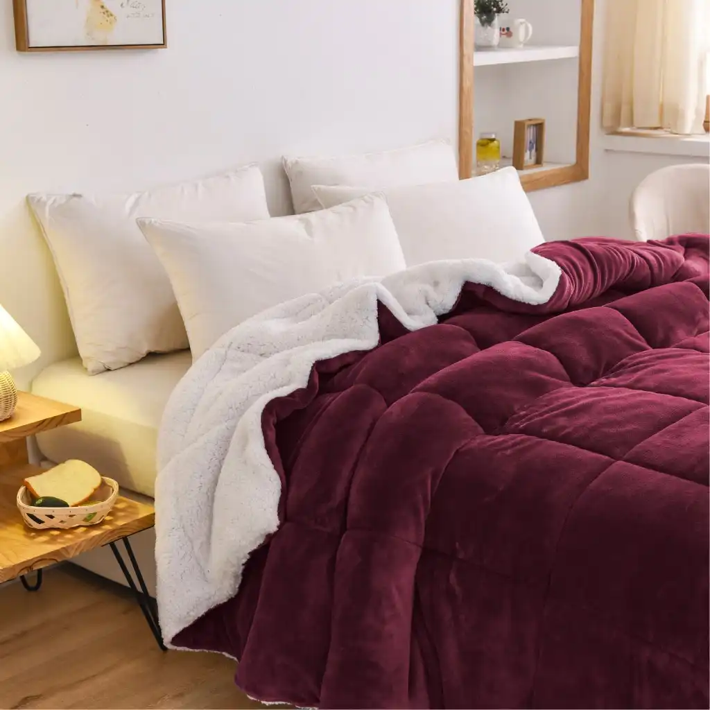 Aus Made Burgundy Luxor Teddy Bear Fleece 700GSM Winter Super Warm Quilt Comforter