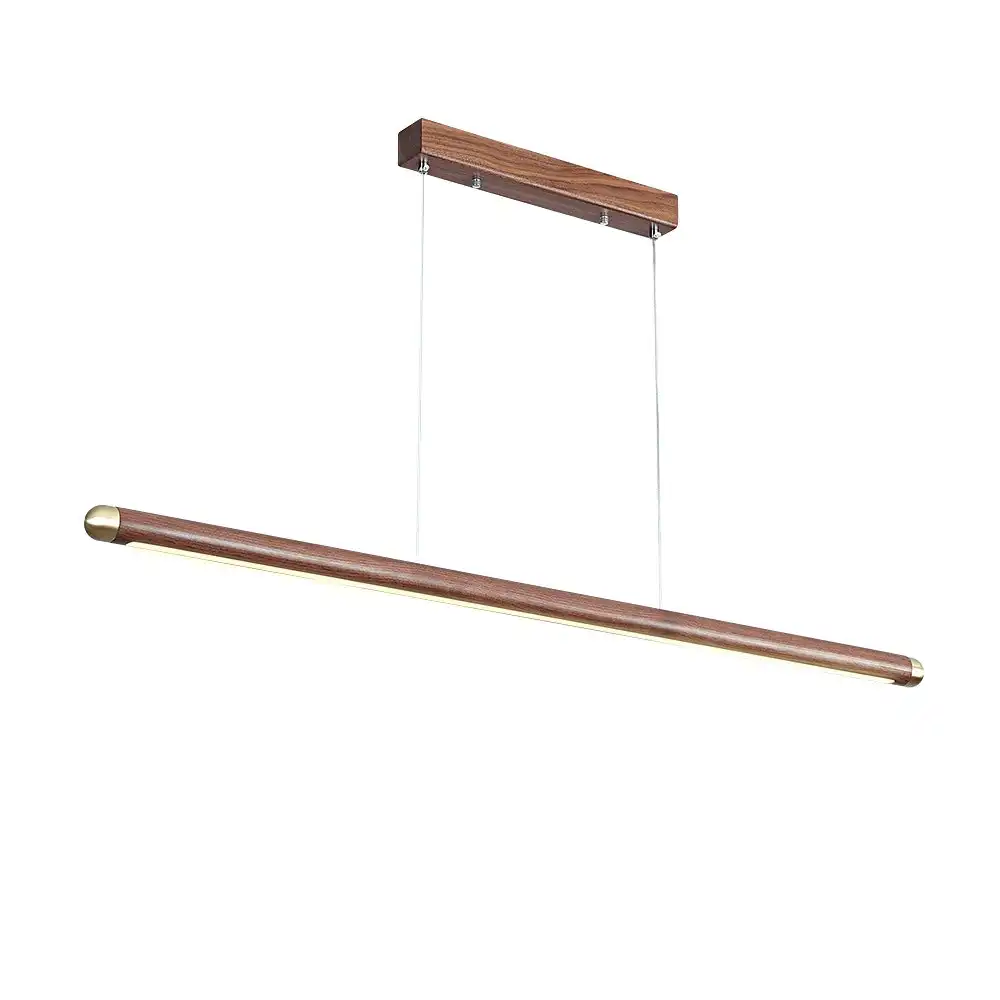 Krear 120CM Wooden Pendant Light LED Strips Linear Lighting Round Bar Darkwalnut