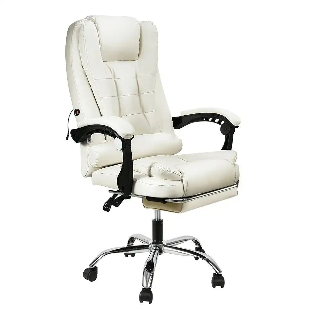Furb Massage Office Chair Executive PU leather Seat Ergonomic Support Footrest White