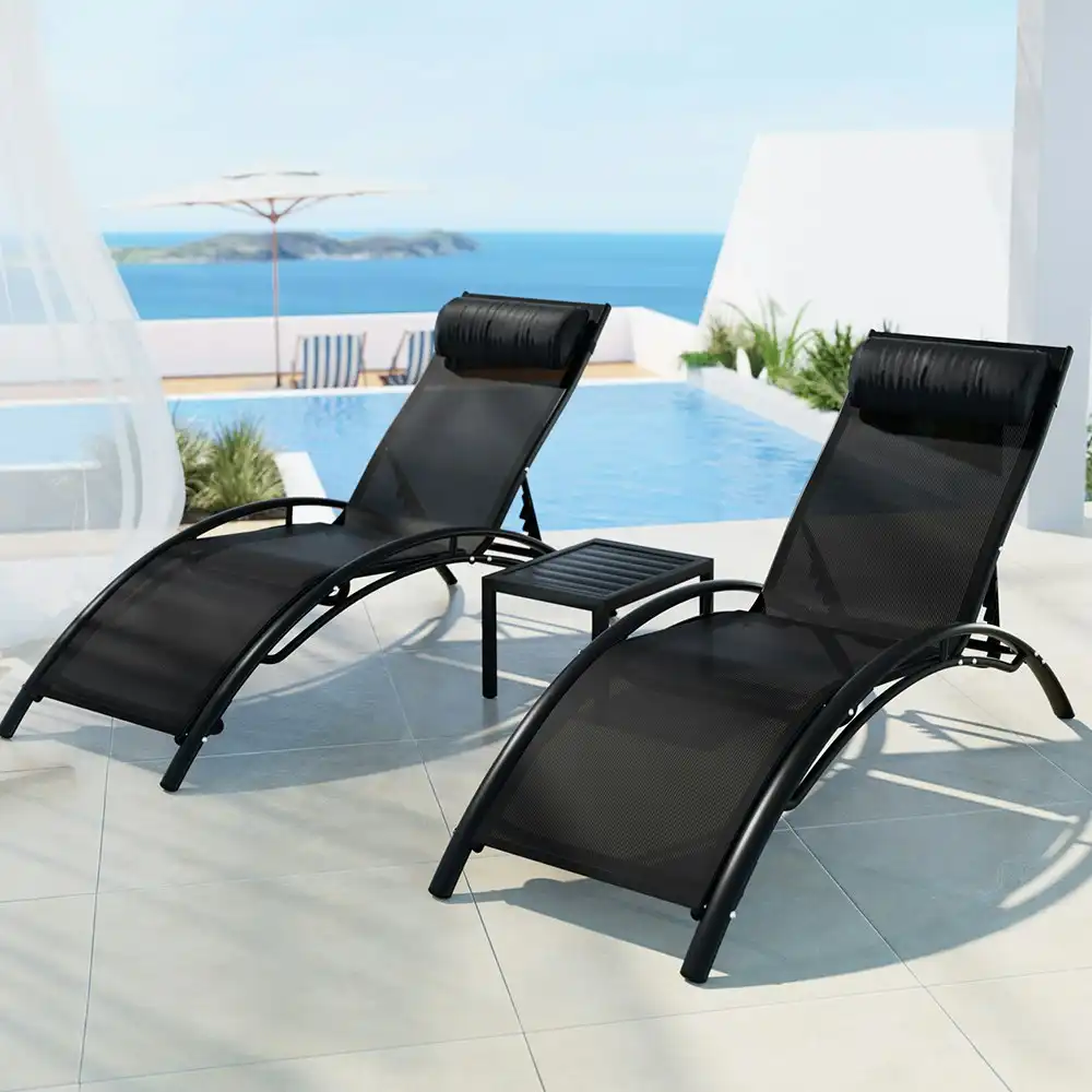 Gardeon 3PC Sun Lounge Outdoor Lounger Steel Table Chairs Patio Furniture Garden