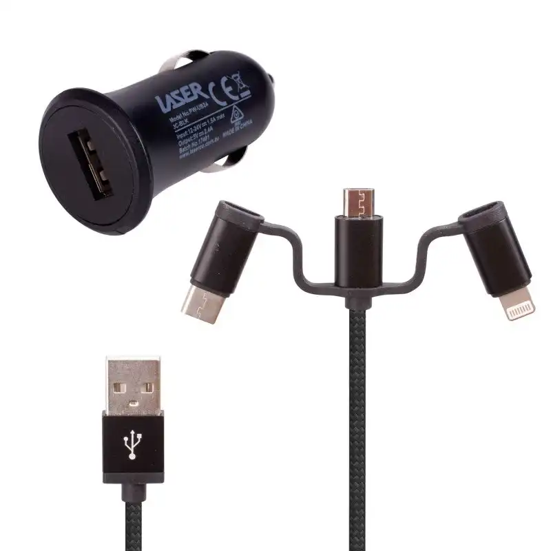 2.4A Car Charger with 3 in 1 Charging Cable BLACK