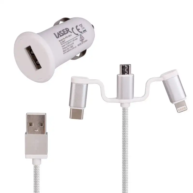2.4A Car Charger with 3 in 1 Charging Cable, White