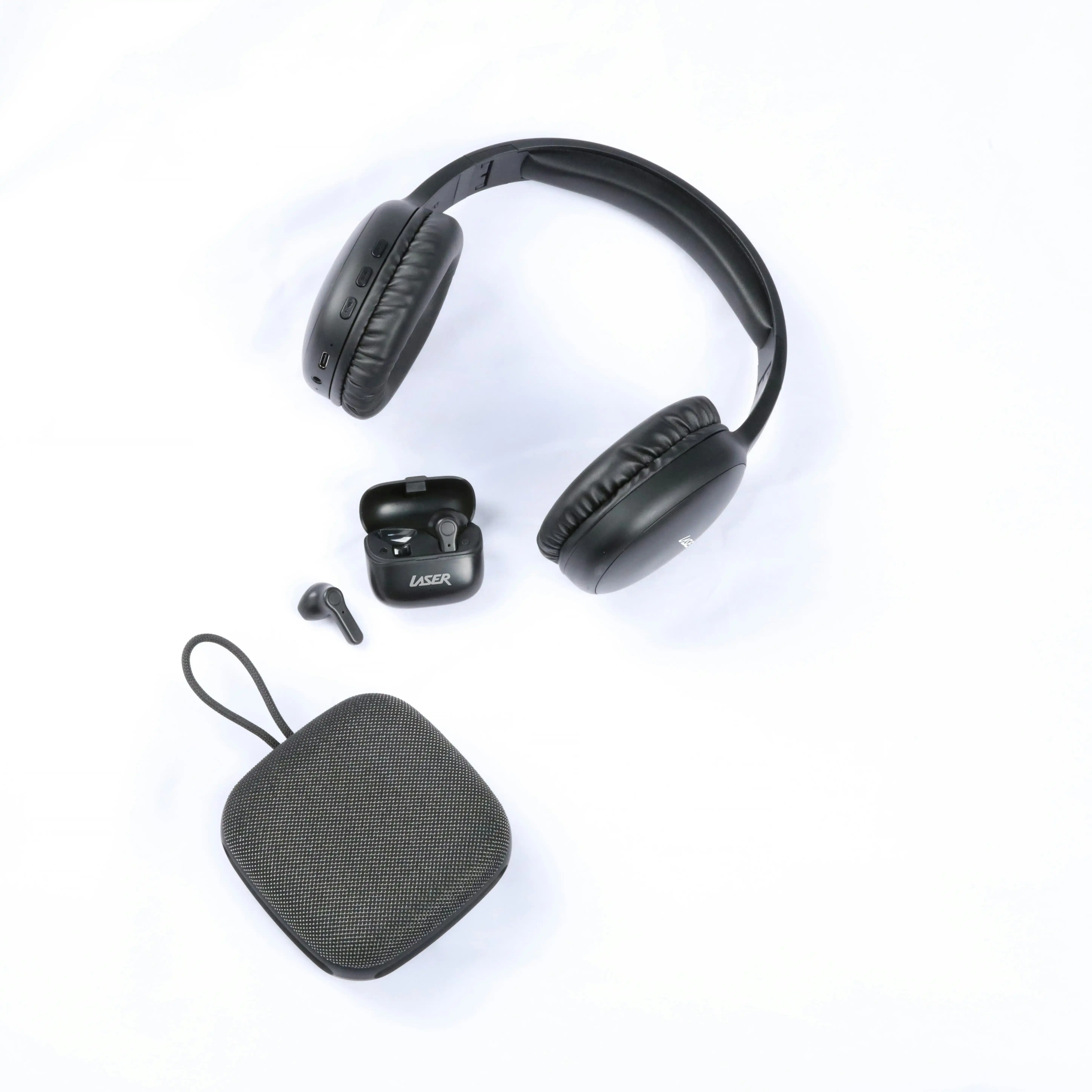Laser 3-in-1 Bluetooth Audio Bundle: Headphones, Earbuds, Speaker