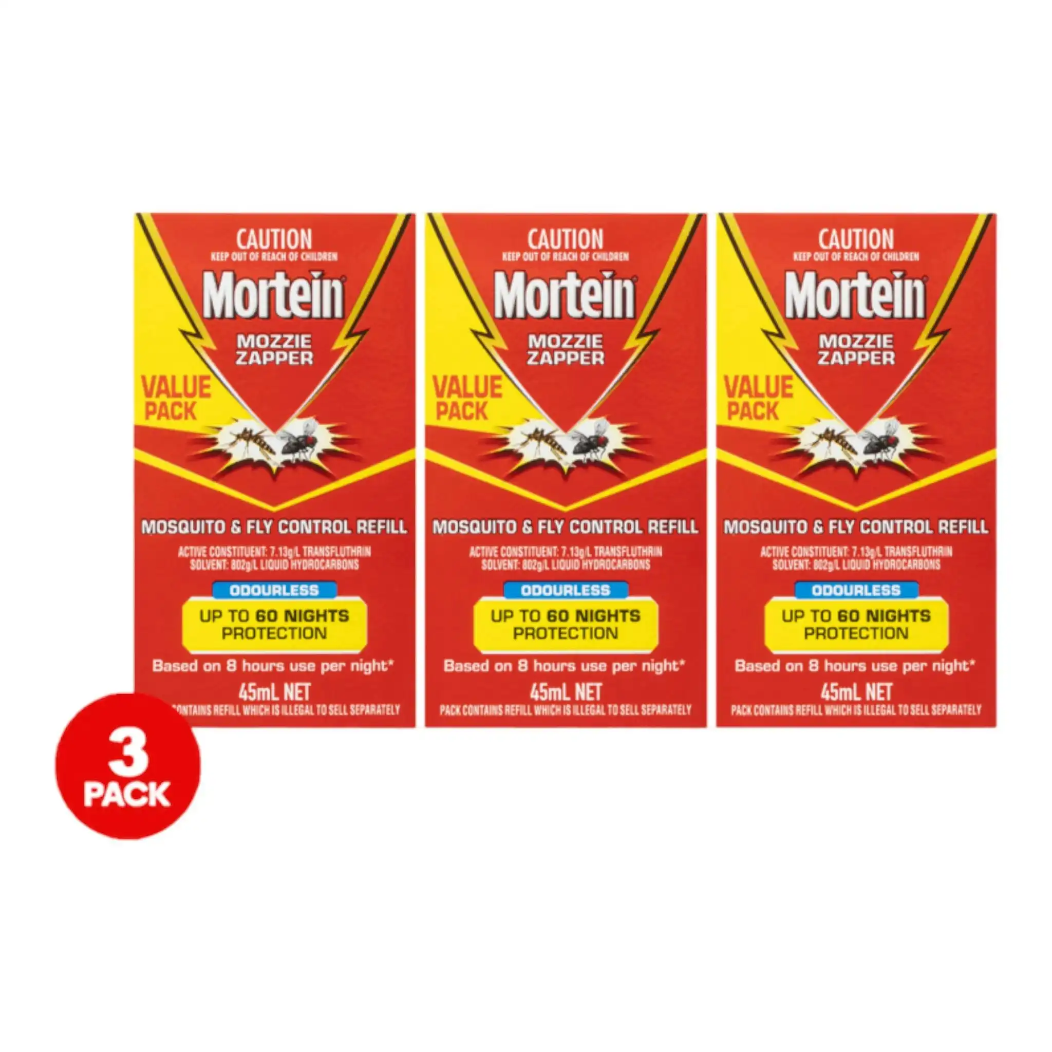 3 Pack Mortein Mosqito/Mozzie Zapper 45ml Refill Odourless