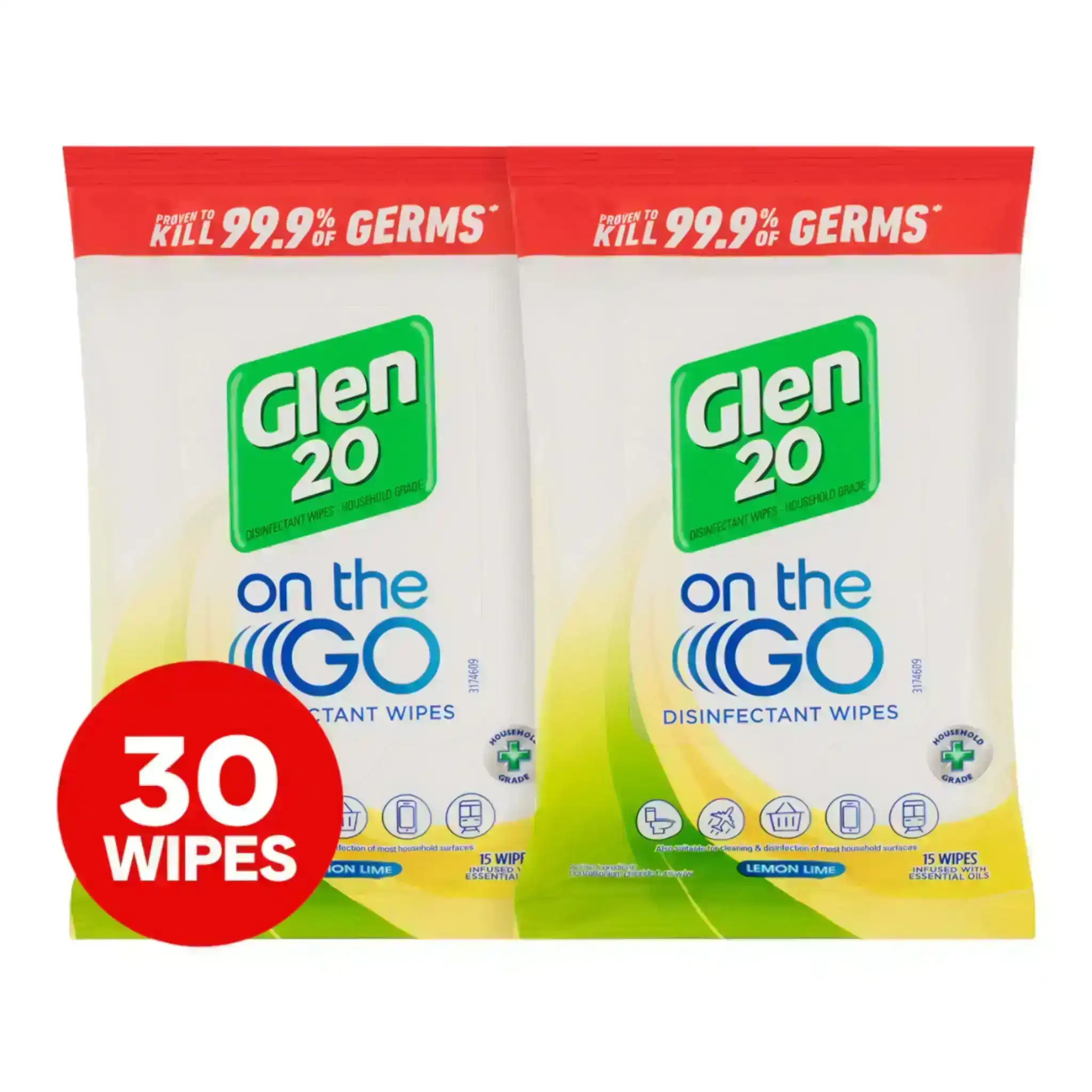 2X 15pk Glen 20 On The Go Disinfectant Wipes Lemon Lime