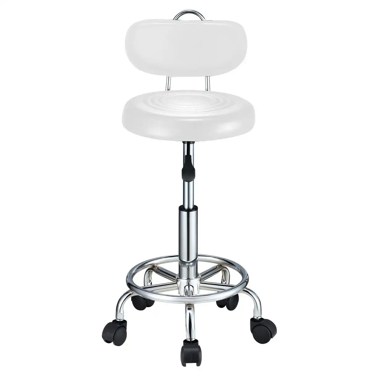 Ausway Barber Salon Chair Stool Height Adjustable Rotatable Clinic Beauty Hairdressing PU White With Back